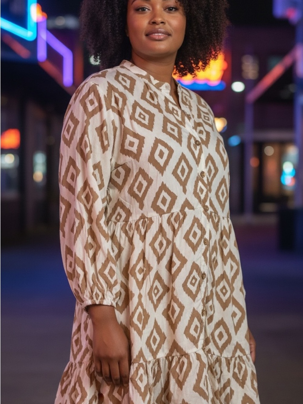 Salty Lemon L- Cream and Brown Geometric Tiered Shirt Dress